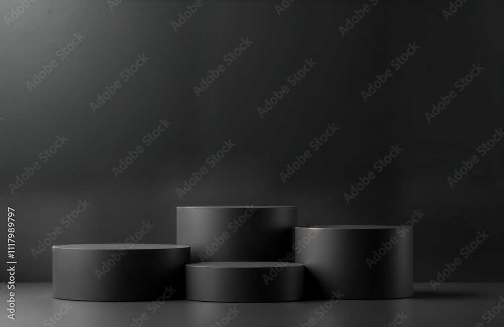 Aufkleber Studio shot of three black podiums of different heights. Empty presentation display ideal for product showcase. Minimalist design suitable for advertising campaign. Empty podiums create great copy