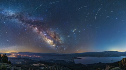 Naklejka premium Panoramic blue night sky with milky way and stars on dark background. Fill the universe, nebulae and galaxies with noise and particles. Dark night sky.