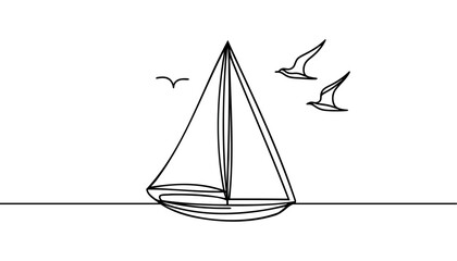 Continuous line drawing of yacht. Abstract sailing vessel silhouette. Template for your design works. Vector illustration