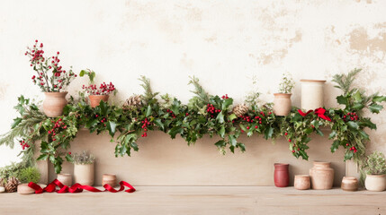 Fototapeta premium Festive holiday decor featuring greenery, red berries, and rustic pottery creates warm and inviting atmosphere. Perfect for seasonal celebrations and home decoration