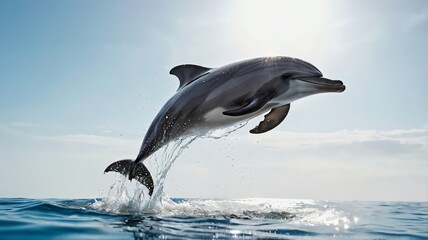 Fototapeta premium A dolphin leaps out of the water with bright sky behind