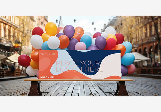 Festive Event Billboard Mockup: Creative Bench with Balloons & Wooden Frame for Your Design in City Street Background