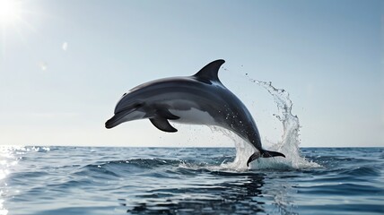 Fototapeta premium A dolphin leaps out of the water with bright sky behind