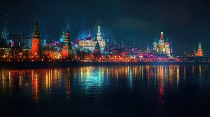 Obraz premium A vibrant cityscape at night, showcasing illuminated buildings reflected in water.