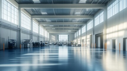 Spacious modern warehouse interior with forklift trucks and machinery.