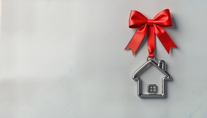 Stylish house shaped keychain with red ribbon. Simple, elegant design. Perfect for celebrating new home purchase housewarming gift. Ideal as special occasion gift symbolic present. Minimalist