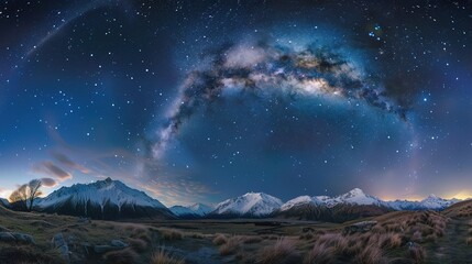 Panoramic blue night sky with milky way and stars on dark background. Fill the universe, nebulae and galaxies with noise and particles. Dark night sky.