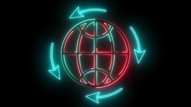 A neon globe icon features a glowing, vibrant representation of the Earth, often with bright neon colors like blue, green, or purple. It symbolizes global connectivity, location, or international .