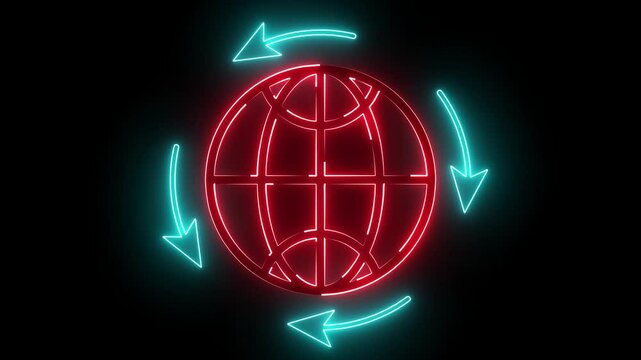 A neon globe icon features a glowing, vibrant representation of the Earth, often with bright neon colors like blue, green, or purple. It symbolizes global connectivity, location, or international .