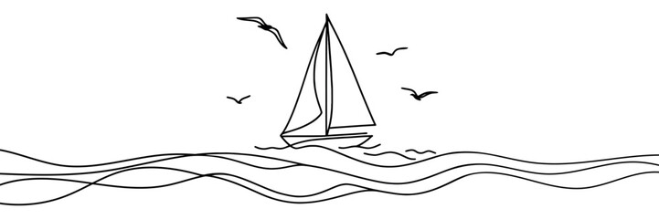 Continuous line drawing of yacht. Abstract sailing vessel silhouette. Template for your design works. Vector illustration