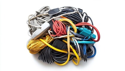 A tangled mess of various electrical cables and connectors.