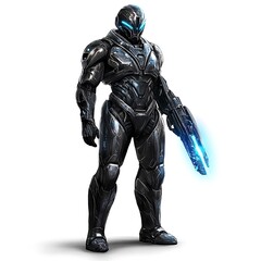 Fototapeta premium Gaming fighter in combat armor, standing tall with a glowing weapon on a white background