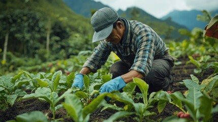 Gardener Planting in Mountain Landscape