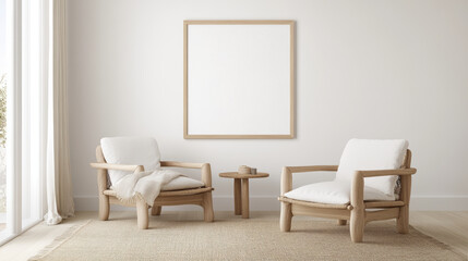 Cozy modern living room featuring two wooden chairs with white cushions, small round table, and blank canvas on wall, creating serene atmosphere