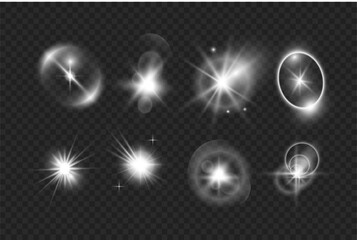 Bright glow of light lens reflection. Futuristic glow effect for game interface design. Bright light effects set.