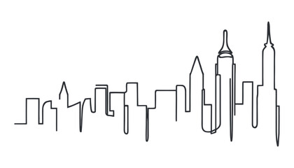 One continuous line illustration of the skyline of skyscrapers, isolated on white background