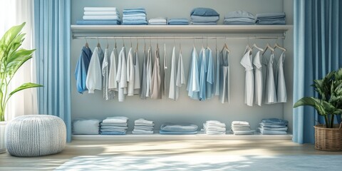 Stylish and organized interior showcasing a modern wardrobe with neatly arranged clothing and textiles in soft blue tones