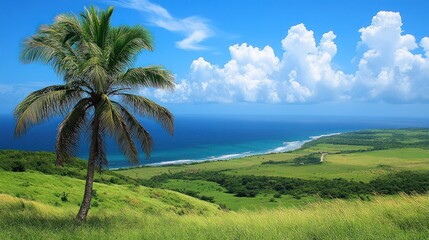 Obraz premium A serene coastal landscape featuring a palm tree, lush greenery, and a vibrant blue ocean.