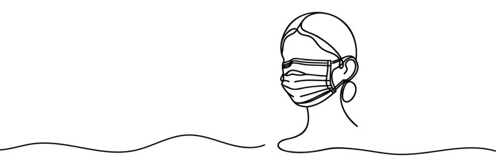 One continuous line illustration of a girl face wearing a mask, isolated on white background