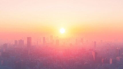 Fototapeta premium A serene sunrise over a cityscape, casting a warm glow through the mist.