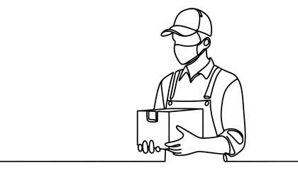 courier in mask holding parcel, one line vector drawing. delivery concept.