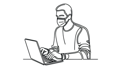 continuous line drawing one line of man looking at laptop wearing mask.