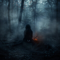 A dark scene in a foggy forest. A woman sits with her back to the camera in front of a smoldering fire. The atmosphere feels mysterious and oppressive.
