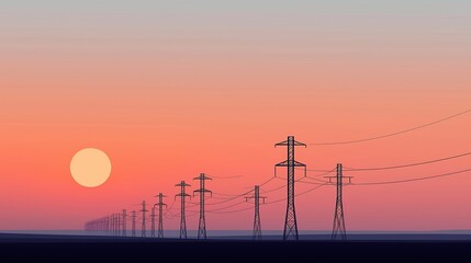 Silhouette of power transmission lines stretching across vast landscape at sunset. Metal pylons stand tall against vibrant sky transitioning from peachy orange to pastel purple. Energy supply