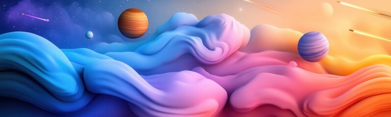 Obraz premium a colorful cartoon space scene with planets, shooting stars, and friendly aliens