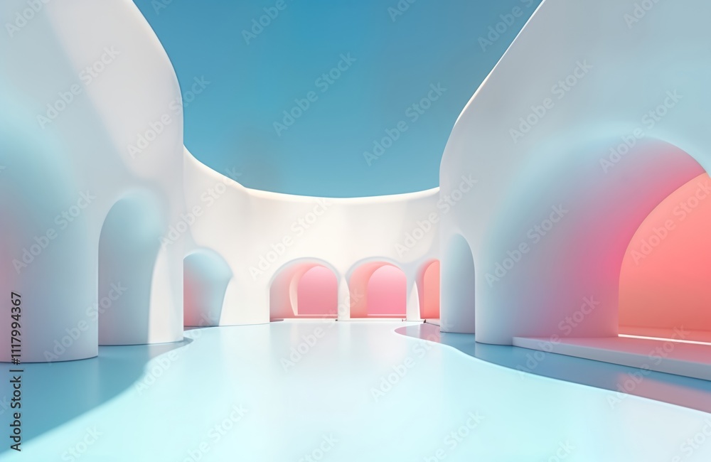 Leinwandbilder empty modern architecture interior. curved white walls create a futuristic space. light pink and blu