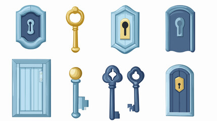 Cartoon flat set of door handles for opening and closing doors