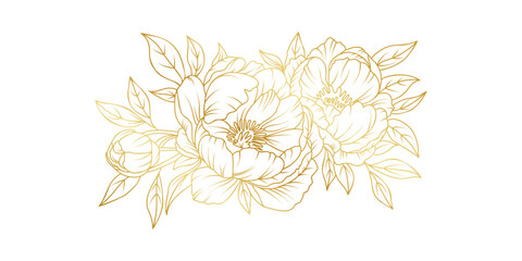 Golden peony flowers line art isolated on white background. Luxury floral design elements for invitation, wedding, wallpaper, print template, vector illustration © abcvector