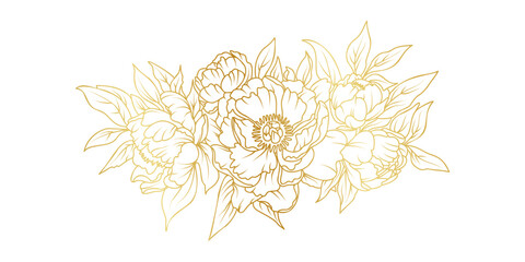 Golden peony flowers line art isolated on white background. Luxury floral design elements for invitation, wedding, wallpaper, print template, vector illustration