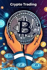 Crypto trading concept, BTC reaches 100k, vertical banner