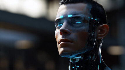A portrait of man half of a robot or cyborg and a human face fraction. Generative AI.