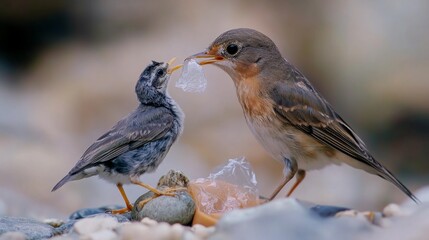 Fototapeta premium Birds and Plastic Pollution: A Heartbreaking Scene