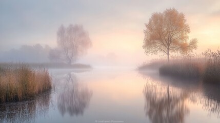 Obraz premium Serene misty landscape with trees reflecting in calm water at dawn.