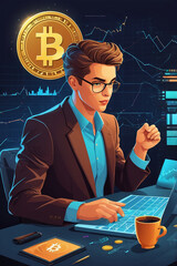 Crypto trading concept, BTC reaches 100k, vertical banner