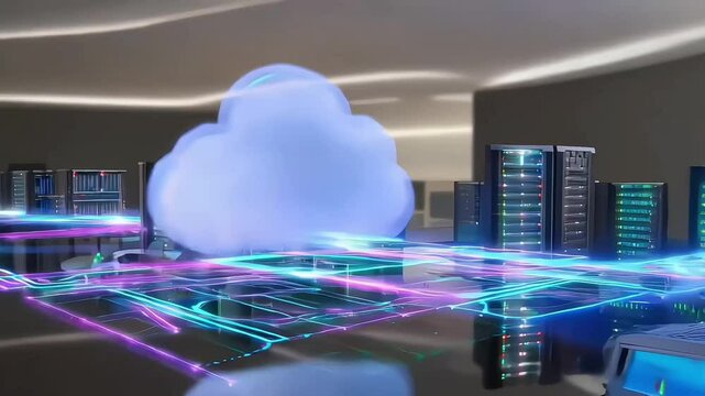 Digital visualization of cloud computing, showing a networked connection between data center servers and cloud storage for data management