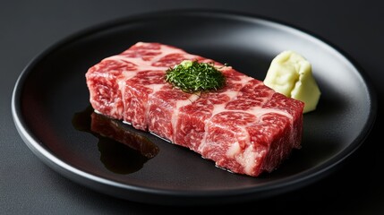 Fototapeta premium Premium Wagyu Sushi with Garnish and Wasabi