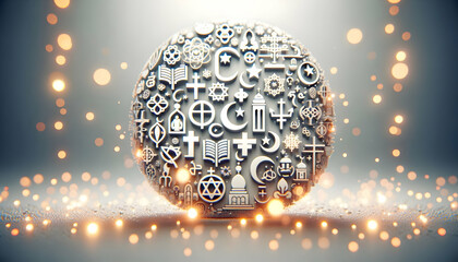 3D Bokeh Religious Harmony Background concept as Bokeh lights forming harmonious background with religious symbols soft focus for advertisements infographics World Religion Day as 3D Icon isolated whi