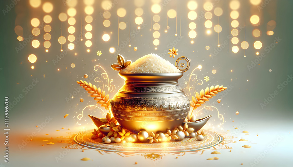 Wall mural 3D Bokeh Soft Pongal Pot concept as Bokeh digital art with soft Pongal pot and traditional elements creating a warm and festive background for magazine advertisement copy space. as 3D Icon isolated wh