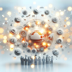 Obraz premium 3D Bokeh Team Collaboration concept as Bokeh digital art background featuring blurred lights and collaborative elements symbolizing teamwork and community management with copy space. as 3D Icon isolat