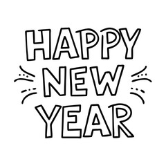 happy new year text icon, new year illustration, new year icon - simple black line art of happy new year text, symbolizing new year celebrations. new year vector.