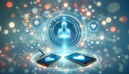 3D Bokeh telemedicine consultation with glowing devices copy space concept as Telemedicine consultation taking place on glowing devices like tablets and smartphones set against a bokeh digital art bac