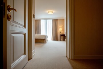 Fototapeta premium Modern hotel room entrance with open door, bright lighting, and soft color palette