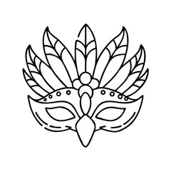 mask with feathers icon, new year illustration, new year icon - simple black line art of mask with feathers, symbolizing new year celebrations. new year vector.