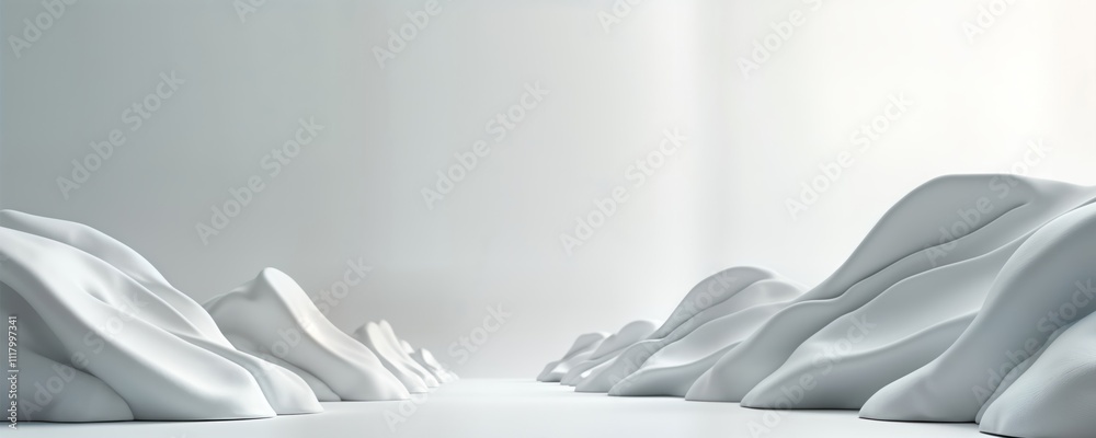 Poster abstract 3d white forms resemble soft mountains. smooth shapes create a minimalist landscape. modern