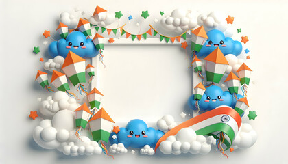 3D Border frame with tricolor kites and clouds copy space in center. concept as A playful border frame featuring tricolor kites flying among clouds along the edges capturing the joy and freedom associ