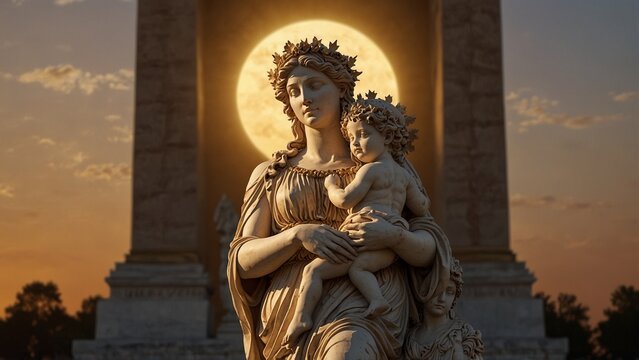 Statue of Leto, the goddess of motherhood, cradling twins Apollo and Artemis, with a backdrop of golden dawn shining behind her, carvings depicting her tender maternal love and divine radiance.